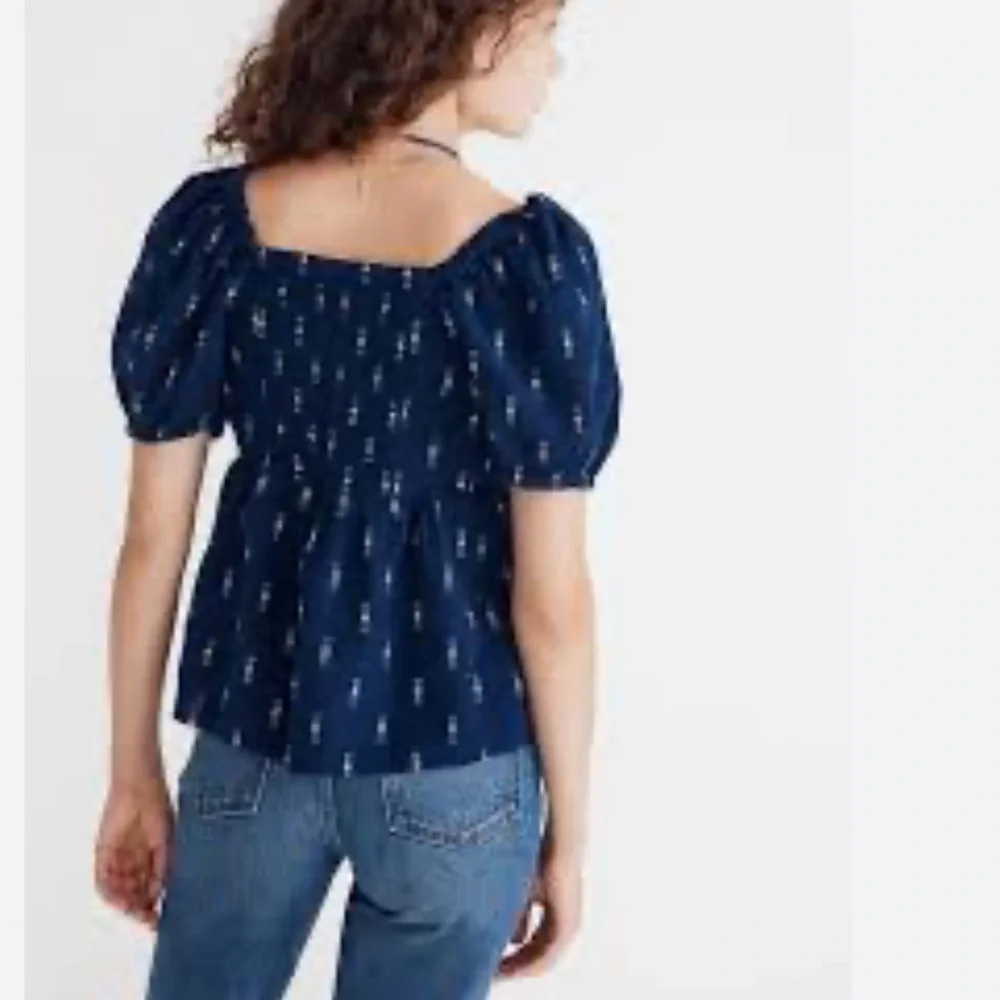 Madewell Puff Sleeve Empire Top Sz S Navy Blue Sweetheart Neck Jacquard Festival
